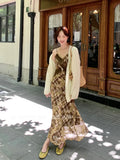 Xixi 2025 Autumn New White Standard Elegant High-Rise Sling Dress Thin Print Dress Women