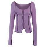 Purple Top Women Long Sleeve Top Shirts 2020 Hollow Out Slit Hem Autumn Streetwear Slim Cotton Ladies Casual