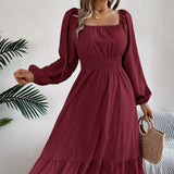 Spring And Summer Leisure Solid Color Collar Long Sleeves To Close The Waist Lotus Leaf Side A Dress Women's