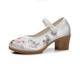Zingj Heel Square With Women's Shoes A Word Buckle Shallow Spring And Summer New Embroidered Cloth Shoes With Horse Face Skirt High Heel Embroidered