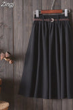 Women Preppy Style Summer Skirt Casual A-line Solid With Belt Mid-length Fashion Elegant Chic Girls Midi Skirts