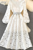 Yellow/Red/White Hollow Out Lace Long Dress Vintage O-Neck Puff Sleeve High Waist A-Line Big Swing Maxi Party Vestido