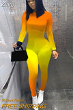 Women Gradient Print Long Sleeve Sport Bodycon Jumpsuit Bandage Skinny Jumpsuit Streetwear Autumn Winter Romper