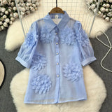 Zingj Heavy Industry Three-Dimensional Flower Splicing Bubble Sleeve Super Fairy Short Sleeve Shirt Fashion Loose Micro Transparent Temperament Jacket