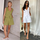 Zingj Spring / Summer 2024 Casual Fashion Single Breasted Vest V-Neck Shorts Suit Women