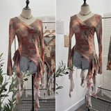 Shooting Ribbon Mesh Yarn Leaf Side Retro Print V Collar Horn Sleeve Top Spring And Summer Short Repair T-Shirt
