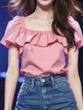 Leaf Side Pink Short-Sleeved Shirt Women 2025 Summer New Temperament Super Fairy Square Shirt French