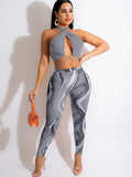 Fitness Outfits Sexy Print Halter Hollow Out Crop Top And Pants Two Piece Sets Summer Matching Club Suit Women