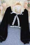 Halter Lace Patchwork Short Blouse For Women Casual Puff Sleeve Velvet Shirt Female Black Tops New Fashion Autumn