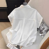 Shirt 2025 Summer New Button-Fight Interface Bag Embroidered Letter Bows Over The Edge Of The Short-Sleeved Shirt