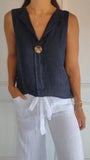 Women's Fake Cardigan V-Neck Cotton Sleeveless Casual Shirt Cotton And Shemp