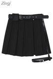 Punk Gothic Black Pleated Crop Skirts Women High Waist Belt Tide Grunge Goth Sexy Skirt Summer Y2K Fashion Egirl