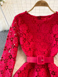 Yellow/Red/White Hollow Out Lace Long Dress Vintage O-Neck Puff Sleeve High Waist A-Line Big Swing Maxi Party Vestido