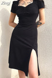 Square Neck Elegant Ruched Black Dress Side Split Short Sleeve Casual Dress Female Gothic Summer Dresses Sundress