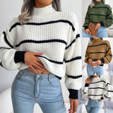 Shooting 2025 Autumn And Winter Casual Striped Lantern Sleeve Half-High Collar Knitted Sweater Women's