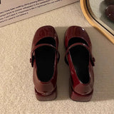 Mary Jane Small Leather Shoes Spring And Spring 2025 New Wine Red Buckle With Square Head Thick Heel French Single