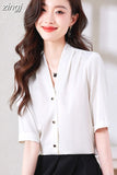 Shirt Women Satin Vintage Shirts OL Basic Blouse Women Short Sleeve Blouses Silk Fashion Women's Clothing Solid Women