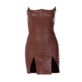 Zingj Women's 2023 New PU Leather Personality With Chest Sexy Tight Package Hip Sleeveless Backless Dress