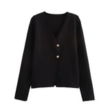 Women's Clothing Pure Color V-Neck Gold Buckle Decorated Long-Sleeved Knitted Shirt