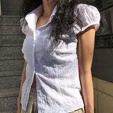 Zingj Wind Striped Puffy Sleeve Breasted Shirt Female Polo Collar Straight Tube Simple Loose Base