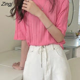 Women T-shirts Summer Knitted Slim Sweet All-match Candy Colors Fashion Korean Style Folds Simple Solid Comfort Leisure