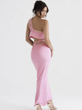 2 Pieces Set Sexy Elegant Pink One Shoulder Crop Top and Long Skirt Set Satin Evening Night Party Dresses Women Outfit