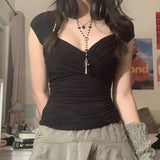 Criss Cross Ruched V Neck Tee-Outfit