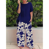 Plus Code Lady Two-Set Set Of Stylish Short-Sleeved Round Collar Top Wide Leg Trousers Print Casual