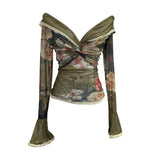 Oil Painting Print Collar A Word Twisted Folded Short-Sleeved Trumpet Blouse