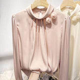 Zingj Temperament Shows Thin Three-Dimensional Flower Pure Color Set Jacket Female Spring New Long Sleeve Satin Simulation Silk