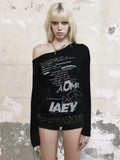Dark Letter Print Slanted Shoulder Loose Short-Sleeved T-Shirt Millennium Hottie Street Sexy Backhide Hop