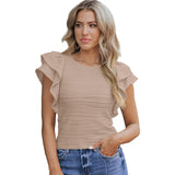 Texture Lotus Side Short-Sleeved T-Shirt Women 2025 Casual Round Collar T-Shirt