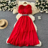 Fan Niche Design Pressure Folding Collar Button To Collect Waist Thin Temperament Medium Long Over Knee Chiffon