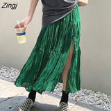 Women Loose Casual Simple Side-slit Folds High Waist Summer Thin Sexy Ladies Clothes Daily Harajuku Elegant Midi