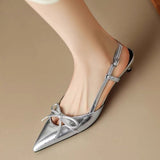 Empty Pointed Cat Heel Woman 2025 New Summer French Bow Fine Heel Head Silver Solid Sandals