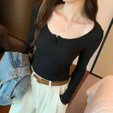 V Neckline Short Threaded Long-Sleeved T-Shirt Women's Autumn New Bottomed Shirt Design Niche