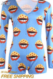 Women V-neck Bodycon Sleepwear Jumpsuit Bodysuit Shorts Romper Bodysuit Leotard Long Sleeve Lips Print Button