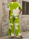 Summer Set Printing V-Neck Bat Sleeve Blouse Long Pants Fashion