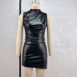 Zingj Women's 2024 Vertical Collar Sleeveless Pleated Purse Buttock Dress Irregular PU Leather