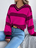 Shooting 2025 Autumn And Winter V-Necked Striped Striped Lantern Long-Sleeved Jacket Sweater Women's