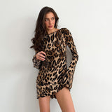 Women's Clothing 2025 Spring High-Rise Round-Neck Long-Sleeved Dress Personality Street Leopard Skirt