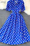 Women Polka Dot Midi Dress Vintage V-Neck Single Breasted Short Sleeve A-Line Vestidos Female Elegant New Fashion