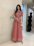 French-Style Suit Women's Fashion Collar Short-Sleeved Waist Top + High-Waisted 100-Folded Skirt Two-Set