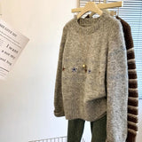 Horn Buckle Sweater Cardigan Women's Autumn And Winter Korean Loose Lazy Wind Embroidered Jakore Knitwear