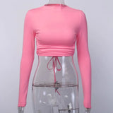 Backless Tshirt Crop Tops Women Slim Elastic Fashion Lace up Hollow Out Women Cropped Top Summer Long Sleeve