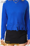 Tassel Knit Women Sweater Ripped Hole Hem Autumn Winter Loose Casual Female Pullover Fashion Long Sleeve Lady