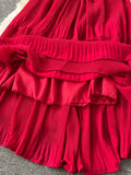 Vintage Women Pleated Chiffon Midi Dress Elegant V-Neck Short Sleeve High Waist A-Line Draped Purple/Red/Yellow Robe
