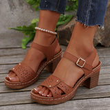 Retro Casual Roman Style Round Head Sandals Women New Hollow Pattern High Heel Buckle With Large Size