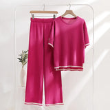 Simple Splicing Loose Short-Sleeved Sweater Top High Waist Thin Leg Pants Two