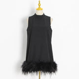 Zingj Sense Ostrich Hair Splicing Lady A-Line Dress 2024 Summer New Sleeveless Solid Color
